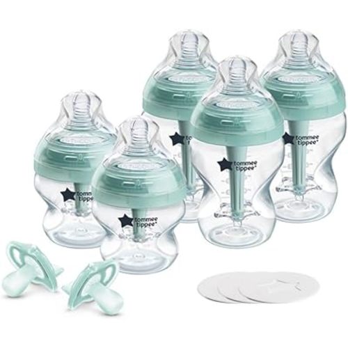 Tommee Tippee Advanced Anti-Colic Fussy Baby BPA Free 10 Piece Set, Newborn 0+ Months, 2 x 5oz & 3 x 9oz Bottles with Slow-Flow Breast-Like Nipples, 3 Travel Bottle Lids & 2 Ultralight Pacifiers