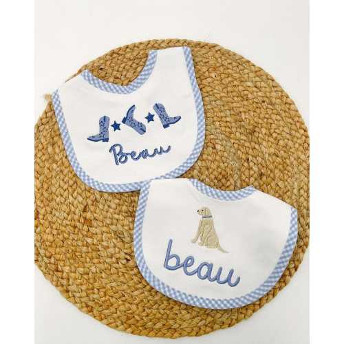 Gingham Trim Bib | Boots and Dog Bibs | Blue Boys Scalloped Bib | Embroidered Trendy Bibs for Baby Boys | Baby Shower Gift | Bib Set