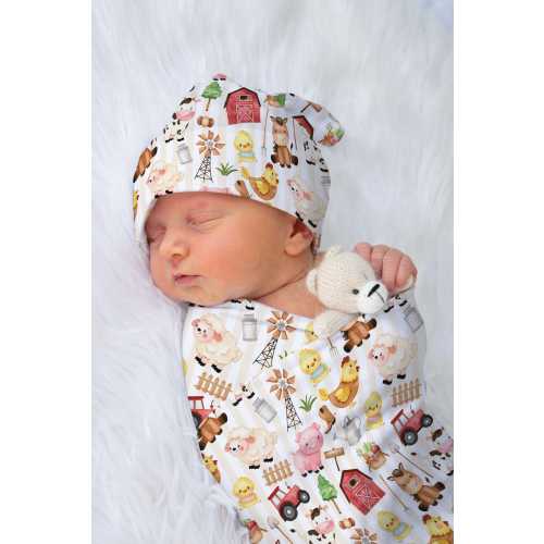 Farm Swaddle Set, Newborn Hospital Swaddle Set, Farm Swaddle blanket with hat, Barnyard Swaddle blanket, Cow pig Horse Swaddle set - MoF
