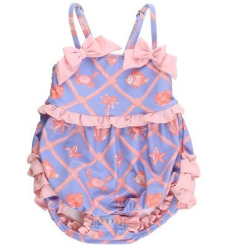 RuffleButts Baby Girls UPF50+ One Piece Bow Bubble Romper Swimsuit - Tropical Trellis, Newborn