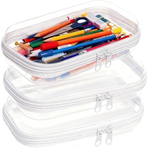 3PCS Clear Hard Plastic Zipper Case, Double Zippers Hard Pouch, Portable Travel Organizer Bin Clear Makeup Bag for Toy Storage, Snack Bag, Cosmetics, Diaper Bag, Toiletry Bag (3PCS-S)