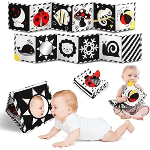 Tummy Time Toys, High Contrast Baby Book with Mirror & Teether, Black and White Infant Books, 0-6-12 Months Soft Book for Newborn, Sensory Books, Tummy Time Car Seat Toys 0-6 Month Boy Girl Gift