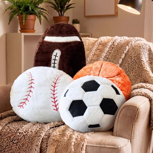 Juexica 4 Pcs Sports Ball Throw Pillows | Soft sports pillows add playful decor for bedrooms, playrooms, parties and gifts for soccer, basketball or baseball fans.