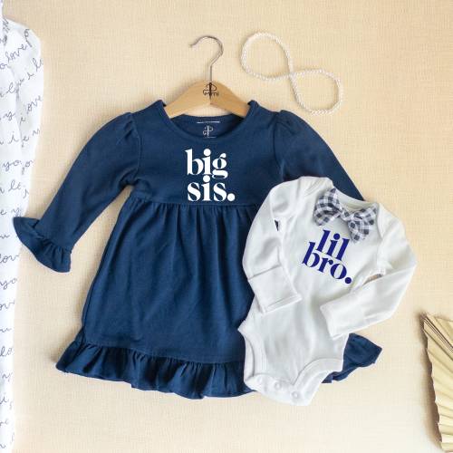 Matching Big Sister Little Brother Outfit•Long Sleeve Personalized Dress and Bowtie Bodysuit