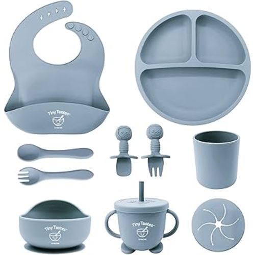 10-Piece Silicone Baby Feeding Set – BPA-Free, Spill-Proof Suction Plate, Bowl, Bib, Snack Cup & Utensils | Dishwasher Safe, Baby Gift Ready (Blue)