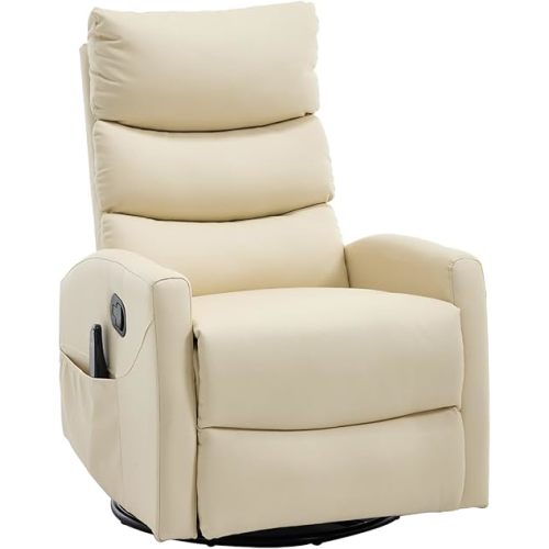 PELUMY 360° Swivel Rocker Recliner with Heat & Vibration Massage, Glider Rocking Chair for Adults, Compact Recliner for Living Room, Small Spaces, Nursery, Bedroom (Breathable Leather, Creamy Beige)