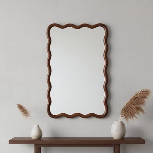 GDFStudio 20"x30" Wavy Rectangle Solid Wood Frame Mirror, Bohemian Decorative Wall Mirror with Tempered Glass, for Bathroom, Living Room, Entryway, Farmhouse Home Decor, Black + Dark Walnut