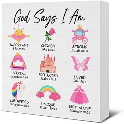 God Says I Am Girl Sign Cute Pink Bible Verse Wooden Sign Christian Inspirational Gifts for Kids Teen Girly Princess Room Bedroom Dorm Home Shelf Decor 5 X 5 Inches