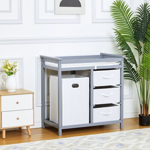 IdealHouse Modern Wooden Baby Changing Table Dresser with 3 Drawers and Laundry Hamper Includes Safety Belt Rails and Changing Pad Nursery Diaper Station