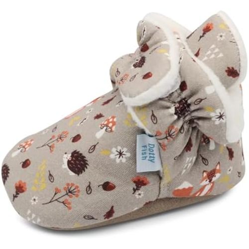 Dotty Fish Fleece Lined Baby Booties - Non-Slip Suede Sole - Warm & Cozy Slippers for Newborns to 24 Months - Perfect Winter Shoes for Babies