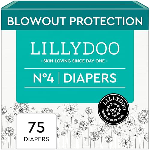 LILLYDOO Baby Diapers - Size 4 (20-31 lbs), Half-Monthly Supply (75 Count), Leak Protection, Skin-Friendly, Ultrasoft, Perfume- & Chlorine-Free, Hypoallergenic, Dermatologist Tested, Oeko-TEX®