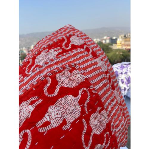 Handmade Tiger Block Print Baby Quilt: Orange Cotton Kantha Blanket (40x60)