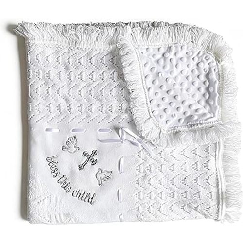 Baptism Gifts for Boys Girls White Crochet Christian Baby Blanket Soft Minky Dot Christening Towel