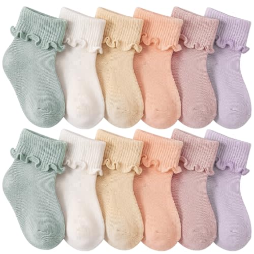 Toulite 12 Pair Preemie Newborn Socks | Ruffle Turn Cuff Non-slip Warm, Soft Cotton Ankle Cuff for Preemie Newborn Girls Boys,Gift Infant Socks