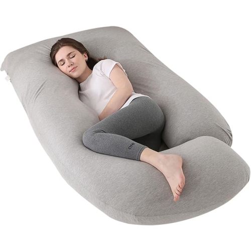 Pregnancy Pillow, Maternity Full Body Pillow for Back, Legs and Belly Support, J Shaped Full Body Pillow for Pregnant Women and Side Sleepers with Removable Cover (Knitted Cotton, Grey)