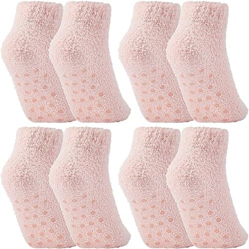 Foaincore 4 Pack Non Slip Hospital Socks for Women Men Non Slip Ankle Fuzzy Socks Thick Warm Festival Gifts