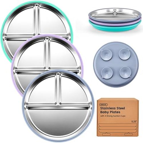MIMORE Stainless Steel Toddler Plate - 3 Pack 9.25" Stainless Steel Baby Plates with Suction - Non Toxic & BPA Free