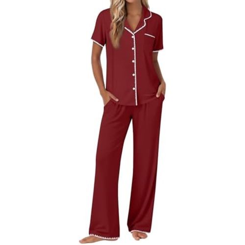 Ekouaer Pajamas for Women Set Button Up Soft Pjs Short Sleeve 2 Piece Lounge Sets Comfy Sleepwear