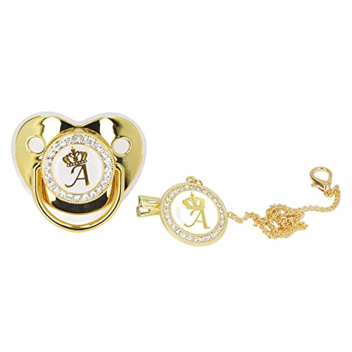 Personalized Golden Letter Baby Pacifier with Bling Design, Clips, Anti-Dust Cover for Newborn Photography, Letter A