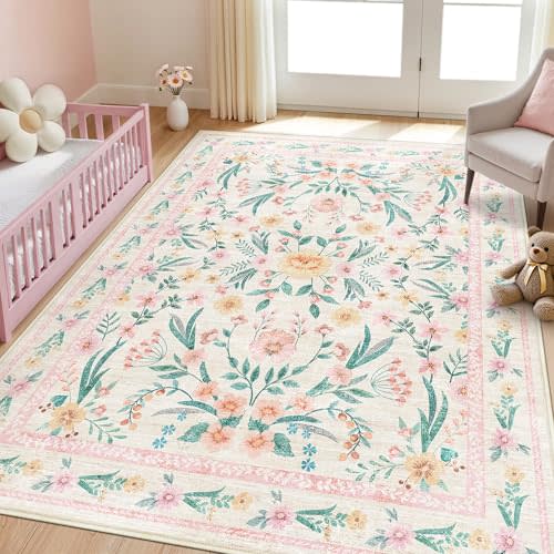 5x7 Pink Floral Nursery Rug,Pink Rugs for Bedroom Girls,Machine Washable Non Slip Soft Faux Wool Carpet,Cute Boho Indoor Area Rugs for Kids Room or Playroom