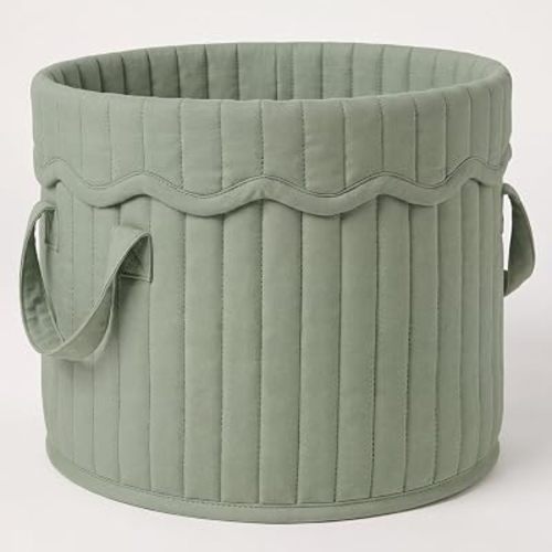 Novabright Sage Green Quilt Storage Basket with Handle Scalloped Nursery Bin Organizer Round Laundry Hamper Pure Cotton Quilted Fabric for Changing Station Essentials Soft Items and Linens