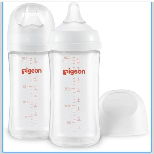 Pigeon Glass Nursing Bottle Wide Neck, Anti-Colic, Streamlined Body, Natural Feel, Easy to Clean, Heat-Resistant, 8.1 Oz(Pack of 2), Includes 2pcs M Nipples (3m+)