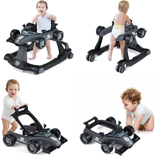 BABY JOY 4-in-1 Baby Walker, Foldable Activity Walker with Adjustable Height & Speed, Music, Lights, Anti-Rollover, Toddler Push Walker, Baby Walker with Wheels for Boys Girls 6-18 Months (Gray)