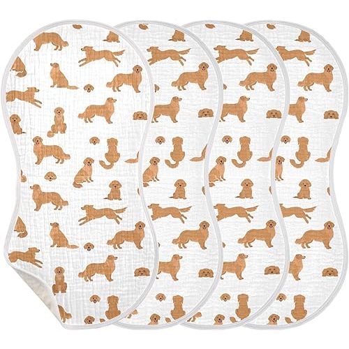 Muslin Burp Cloths for Baby Boys and Girls - 4-Pack Ultra Absorbent Golden Retriever Dogs Muslin Washcloths, Newborn Towel, Milk Spit Up Rags, Burp Cloth Bib for Unisex, 22 x 11 Inch