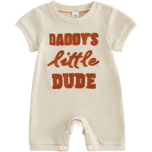 Newborn Baby Boy Summer Outfit Romper Letter Embroidery Short Sleeve Jumpsuit Bodysuit Cute Infant Waffle Clothes