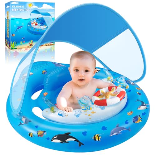 Baby Pool Float with Canopy UPF50+ Sun Protection, Inflatable Kids Pool Floats with Toy Play Console for Baby 6-36 Months, Infant Swimming Float with Adjustable Safety Seat for Boys Girls