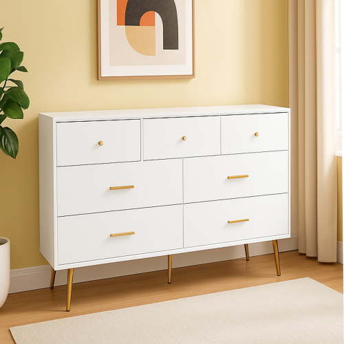Jopath 7-Drawer Dresser for Bedroom,Large Chest of Drawer Cabinet with Golden Handle & Golden Legs for Living Room,White02