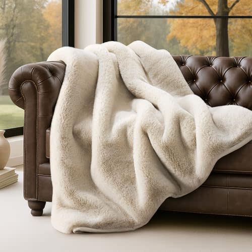 EVERGRACEHOME Faux Chinchilla Fur Throw Blanket, 60"x80", Birch Mink | Luxury, Super Soft, 1220GSM, Fluffy Cozy Mink, Reversible Velvet Back, Warm Thick Heavy Winter Throw for Couch Bed, Gift