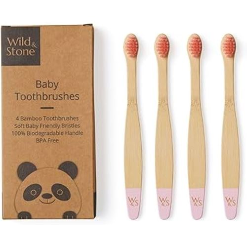 Wild & Stone Organic Baby Bamboo Toothbrushes | 4 Pack | Soft Bristles | 100% Compostable Handle | BPA Free | Vegan Baby Toothbrushes (Baby Pink)