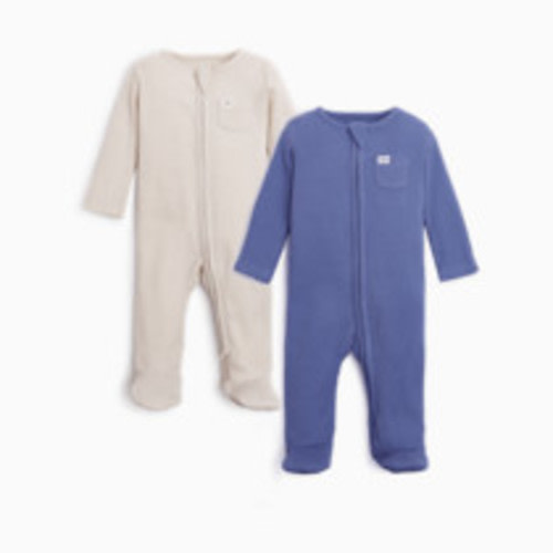Tiny Kind Organic Waffle Zipper Footie (2 Pack) - Oat/Ocean, 0-3 M