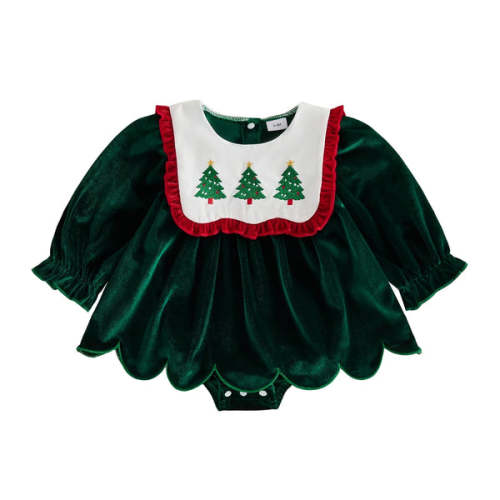 CHRISTMAS TREE Velvet Collar Romper Dress - Hazel & Bo