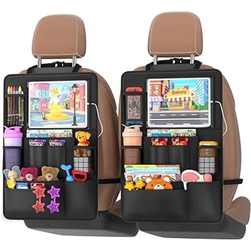 Backseat car Organizer with Touch Screen,2PACK of car organizer Kick Mats Back Seat Protector with 10pcs Storage Pockets,Car Seat Back Organizers Storage for Kids road trip essentials