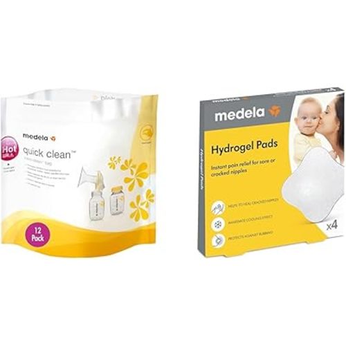Medela Quick Clean Steam Bags for Bottles Breast Pump Parts, Hydrogel Pads for Sore Cracked Nipples Breastfeeding Essentials 12 Pack