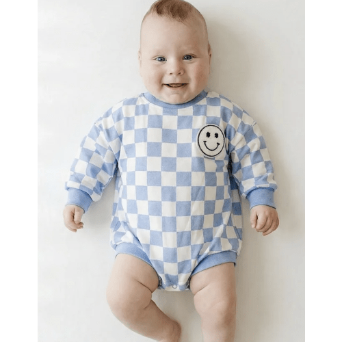 Bubble Romper | Checkered Smiley Blue