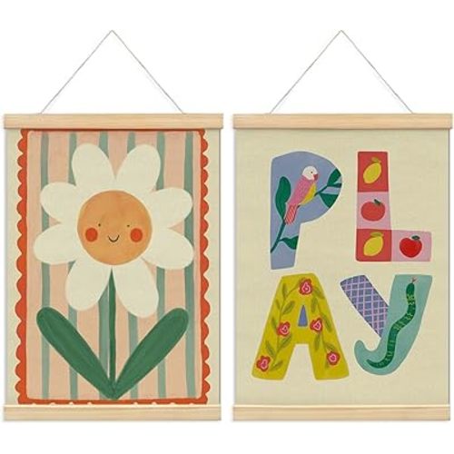 NaZaUK Playroom Wall Decor, Boho Kids Girl Nursery Wall Art, Playroom Calming Corner Classroom Counseling Office Poster Hanger Frame, Play Poster for Kids Bedroom, 12x16 Inch, Set of 2