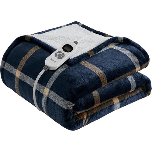 Woolrich Heated Throw Blanket with Ultra Soft Plush and Sherpa Reverse, 12 Heat Settings, Auto Shut-Off, Farmhouse & English Country Gift Throw – Navy Plaid Pattern, 50"x60"