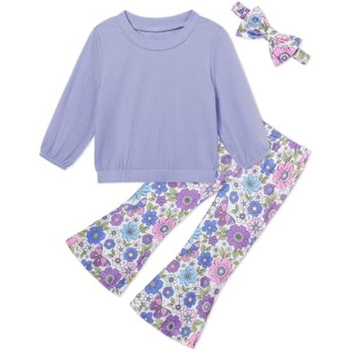 Toddler Girl Clothes Crewneck Long Sleeve Top+Floral Flared Pants Bell Bottom Outfits with Headband 1-6T
