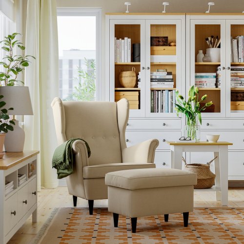 STRANDMON Wing chair with ottoman - Tommaboda deep beige
