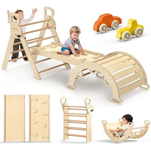 BlueWood Pikler Triangle Set 7-in-1 Foldable Baby Climbing Wooden Toys with Arch&Ramp&Ladder Climber Indoor Jungle Gyms for Toddlers - Natural Wood