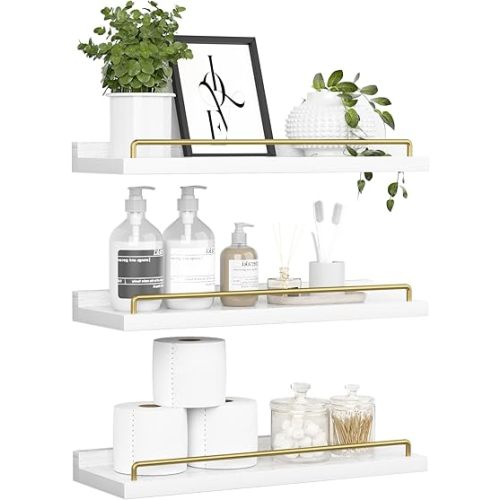 RYOFOBETTO Floating Shelves for Wall Decor, White and Gold Shelves for Bathroom, Living Room, Bedroom, Picture Frames, Plants, Kitchen (Set of 3)