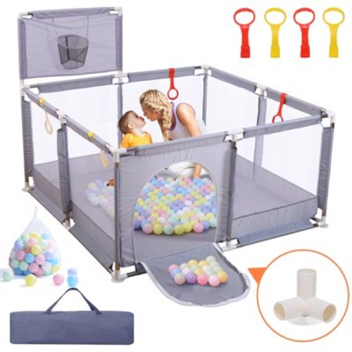 JoyStone 50 x 50 Baby Playpen with 30 Ocean Balls, Soft Mesh Sides, Basketball Hoop & Pull Rings, Indoor Baby Fence for Toddlers, Grey