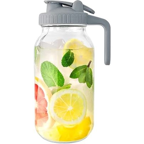 Glass Mason Jar Pitcher, 64 oz Wide Mouth Jug with Pour Spout Handle Lid for Cold Brew Coffee, Ice Beverage, Iced Juice, Lemonade, Sun Tea, Fruit Drinks Container