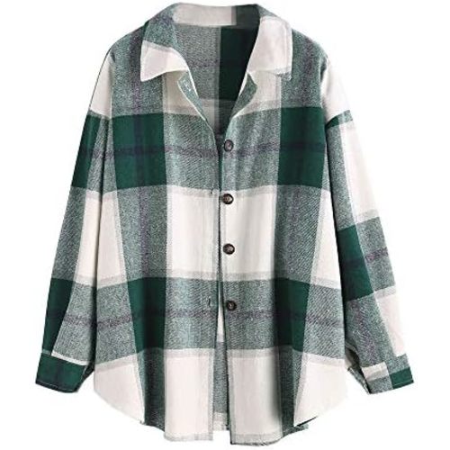 ZAFUL Women's Plaid Long Sleeve Shirt Button Down Thin Jacket Casual Flannel Plaid Shacket with Pocket