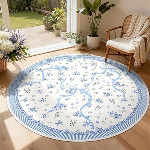 GarveeHome 6ft Washable Round Rug for Entryway Bedroom Circle Blue and White Bow Rug Non Slip Soft Dining Room Round Throw Carpet Small Stain Resistant Border Round Area Rugs for Living Room Kitchen