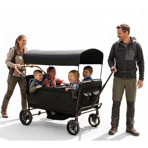 Voupou Stroller Wagon for 4 Kids Seated-Tandem Push-Pull Travel Stroller | Lightweight Fold Trolley with 5-Point Harness,Adjustable Handle and Canopy,Mosquito Net,Footwell,kids Tray,Cup Holder,Storage