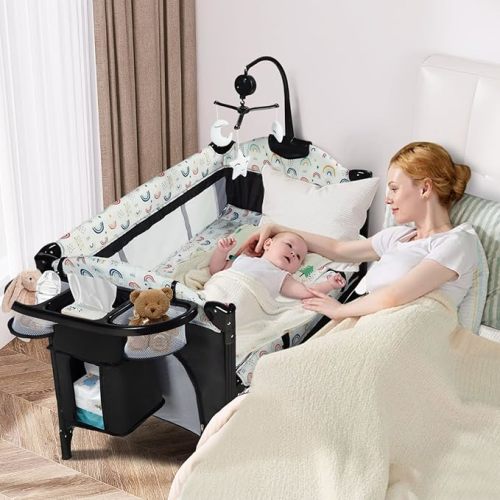 Kinder King 4 in 1 Portable Baby Playard, Foldable Baby Bedside Crib w/Bassinet, Infant Pack and Play Playard Toddler Large Playpen, Newborn Changing Table, Storage Basket,Multicolour